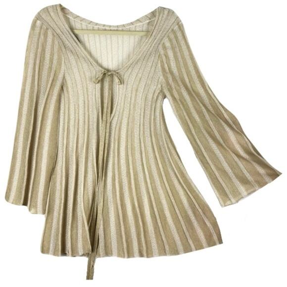 MISSONI Dress Tunic Top EU48~M~L ITALY Gold Shimmer Pleated V TieBow Bell-Long-S
